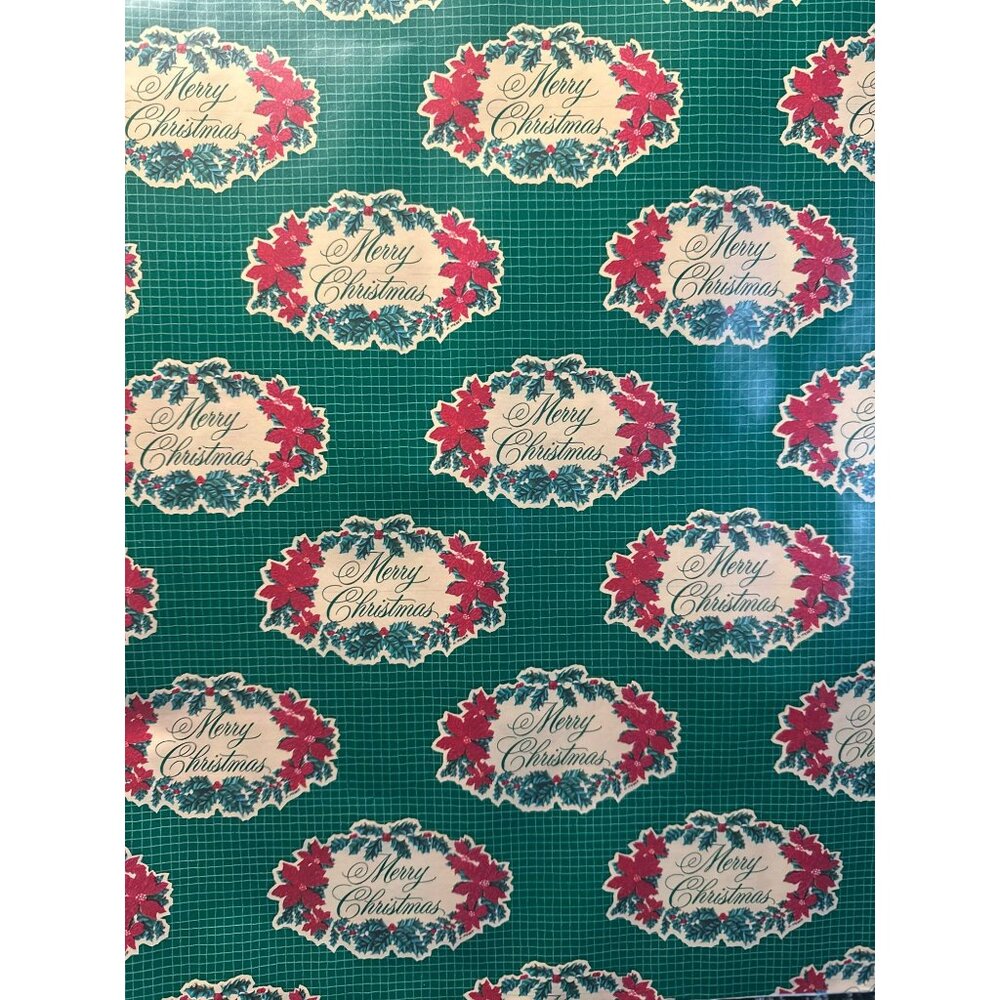 VTG Merry Christmas Wrapping Paper Roll With Festive Poinsettia Design Holiday